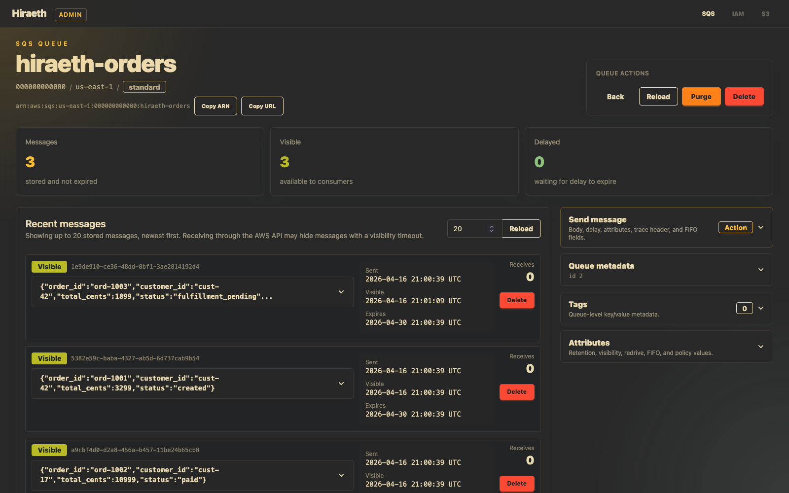 Hiraeth web interface showing local SQS resources