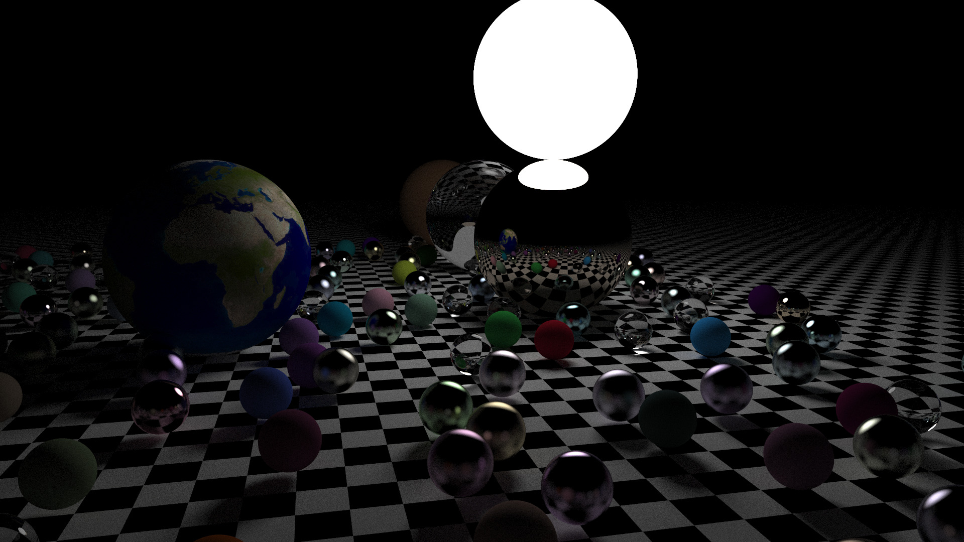 A ray-traced scene containing glass, metal, textured, and illuminated spheres